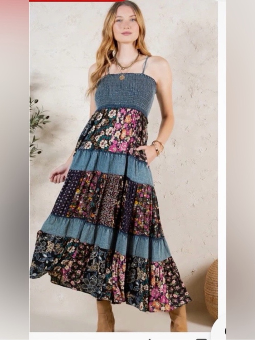 Young Threads Smocked Floral Tiered Acid Wash Jean and Patchwork Maxi Dress